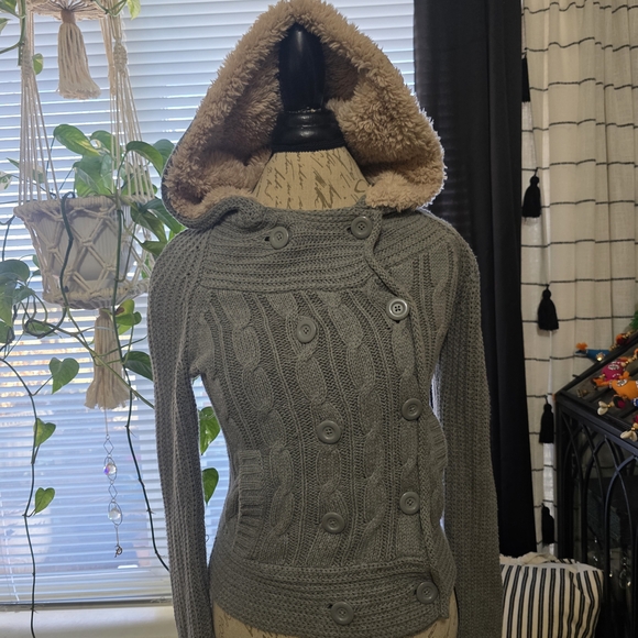 Mossimo Supply Co. Sweaters - Vintage Y2K  Gray Cable Knit Fur Hooded Cardigan Sweater
